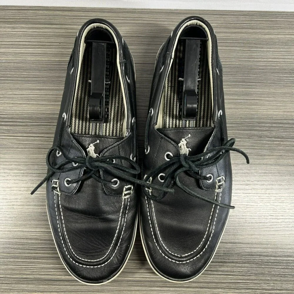 Polo Ralph Lauren Men's Boat Shoes 10 Navy Blue‎ Pony Sander Tie Slip On Canvas